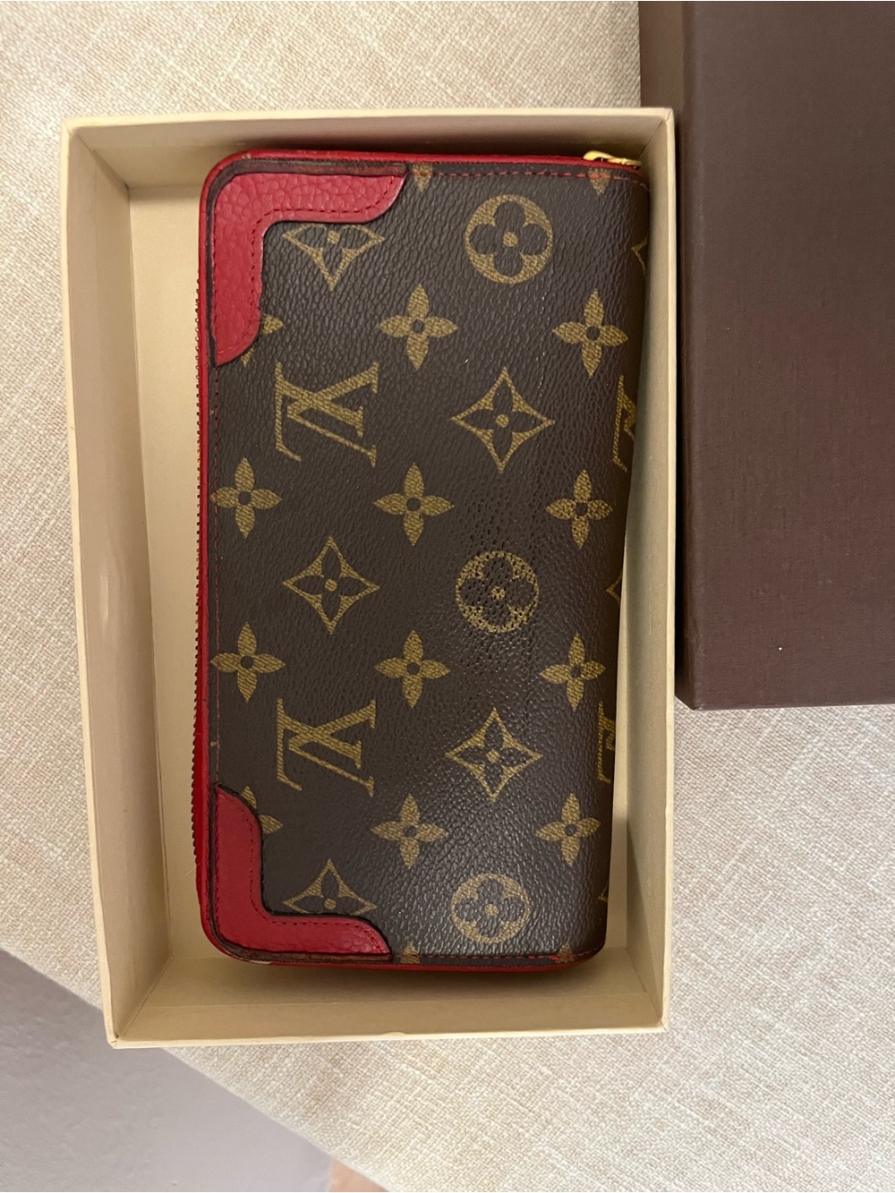 Louis Vuitton Monogram Zip Around Wallet - Brown with Red Trim